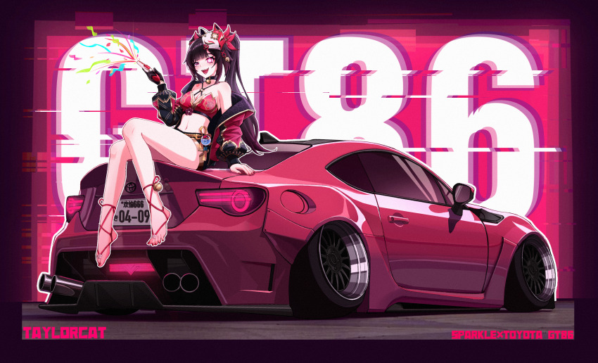 1girl absurdres adapted_costume arm_support bare_legs bare_shoulders barefoot bell black_gloves black_hair black_shorts blunt_bangs breasts car character_name cleavage commentary confetti crop_top feet flower-shaped_pupils fox_mask full_body gloves gold_trim gradient_background hair_ornament hand_up highres honkai:_star_rail honkai_(series) inset_border japanese_clothes jingle_bell long_hair long_sleeves looking_ahead mask mask_on_head medium_breasts midriff motor_vehicle nail_polish navel off_shoulder on_car open_mouth procreate_(medium) red_background red_car red_nails shorts single_glove sitting smile solo sparkle_(honkai:_star_rail) sports_car stomach symbol-shaped_pupils tattoo taylorcat thighs toenail_polish toenails toes toyota toyota_86 vehicle_muffler vehicle_name very_long_hair