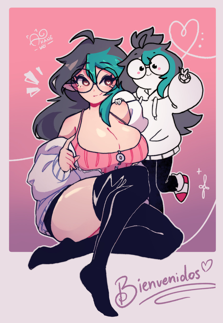 2girls ahoge akane_k0 akane_ko artist_logo bare_shoulders black_hair black_pants black_shorts black_thighhighs breasts cleavage collarbone dual_persona glasses green_hair hand_on_another's_shoulder heart heart-shaped_pupils heart_in_eye highres hood hood_down hoodie large_breasts logo long_hair mini_person multicolored_hair multiple_girls open_clothes original pants pink_tank_top red_shoes round_eyewear shiny_skin shoes shorts signature smile spanish_text symbol-shaped_pupils symbol_in_eye tank_top thighhighs two-tone_hair v