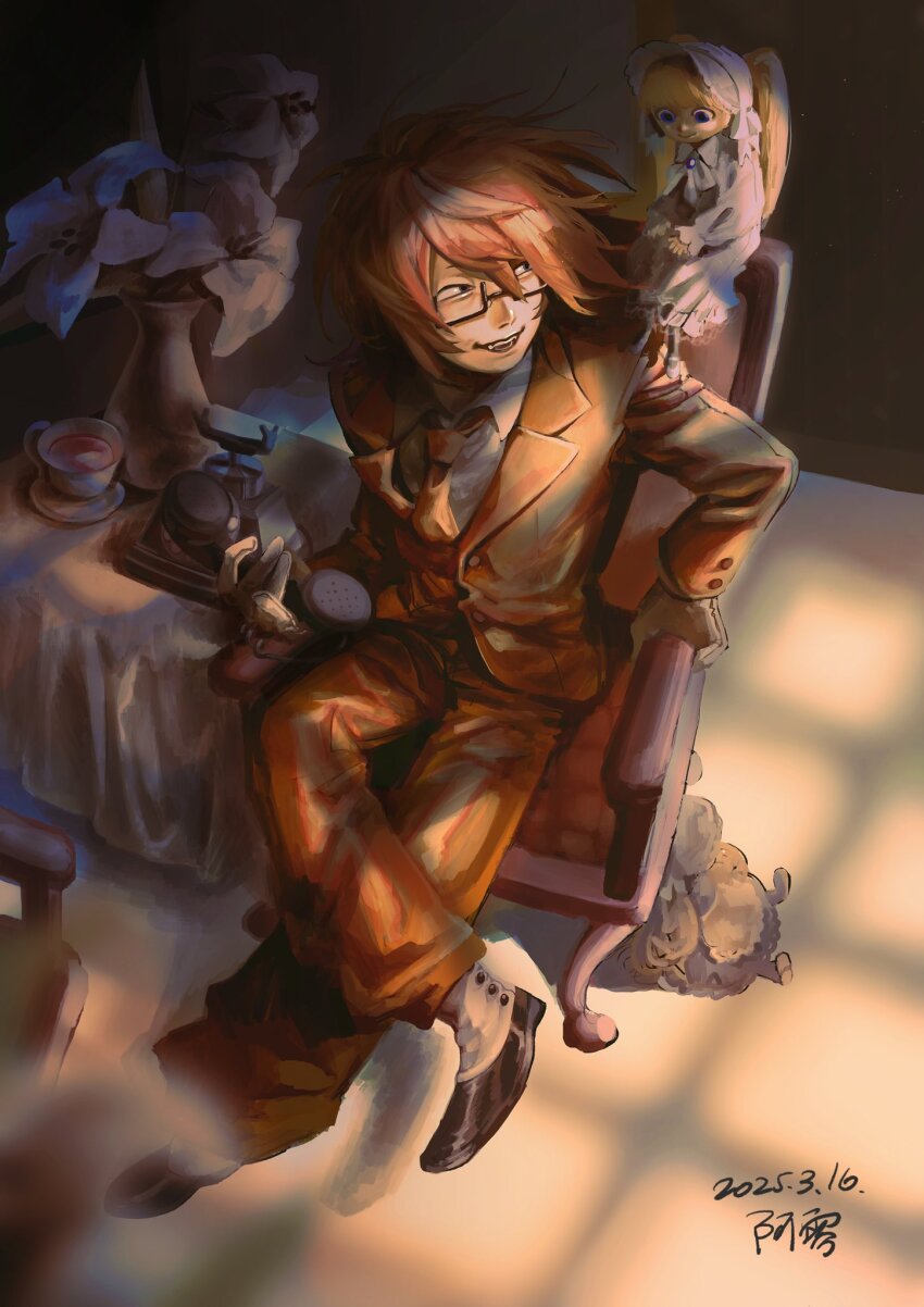 1boy antique_phone black-framed_eyewear black_eyes black_shoes chair collared_shirt crossed_legs cup dated doll flower glasses gloves highres holding holding_phone lilia03860406 long_sleeves male_focus necktie on_chair orange_hair orange_necktie orange_suit phone randal's_friends randal_ivory rectangular_eyewear rotary_phone shirt shoes signature sitting smile spats_(footwear) suit sunlight teacup vase white_gloves white_shirt