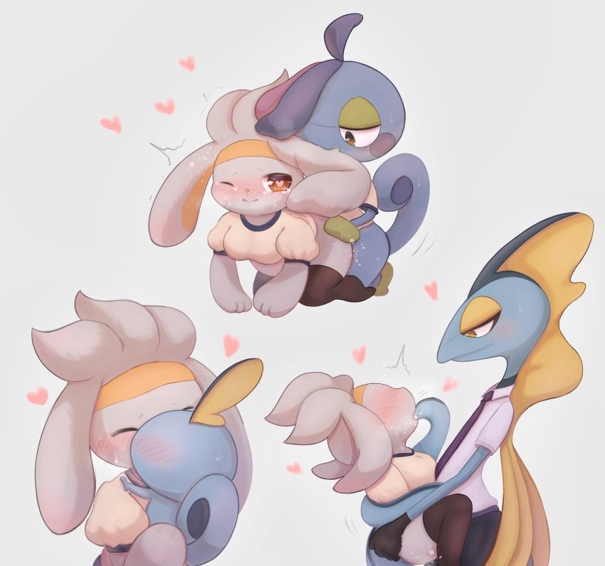1boy 1girl ^_^ age_progression ahoge all_fours animal_hands animal_nose bestiality black_necktie black_skin black_thighhighs blue_skin blue_trim blush blush_stickers breasts breath carrying closed_eyes closed_mouth clothed_pokemon collared_shirt colored_skin drizzile faceless faceless_female fins from_side furry furry_female furry_male furry_with_furry gen_8_pokemon grey_background half-closed_eye half-closed_eyes head_fins heart heart-shaped_pupils hetero highres holding holding_pokemon inteleon interspecies kagetsu_(pixiv_59460925) kiss kneeling lizard_tail looking_at_another looking_down medium_breasts multicolored_hair multicolored_skin necktie nintendo nose_blush one_eye_closed open_mouth orange_eyes pink_hair pokemon pokemon_(creature) profile puffy_short_sleeves puffy_sleeves purple_hair rabbit_ears rabbit_girl raboot reptile_boy saliva sex sex_from_behind shirt short_hair short_sleeves simple_background size_difference sobble suspended_congress sweat symbol-shaped_pupils tail tail_insertion tears thighhighs trembling two-tone_hair waist_grab white_shirt wince yellow_eyes yellow_shirt