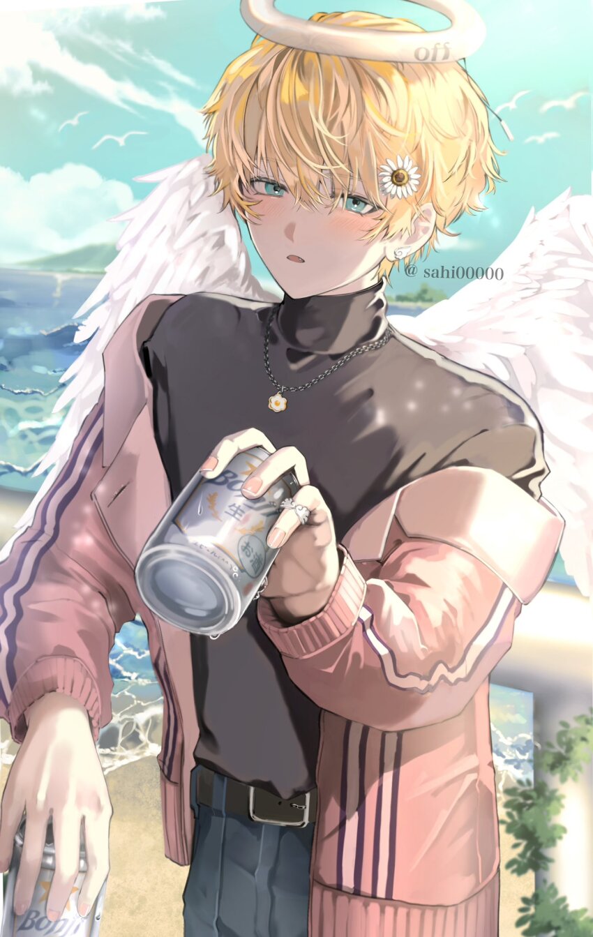 1boy angel angel_wings black_shirt blonde_hair blue_eyes blue_sky can cloud cowboy_shot daisy_(flower) day drink_can feathered_wings flower hair_between_eyes hair_flower hair_ornament halo highres holding holding_can incoming_drink jacket jacket_partially_removed jewelry long_sleeves looking_at_viewer male_focus necklace open_mouth original outdoors pink_jacket sahi00000 shirt short_hair simple_background simple_bird sky solo turtleneck turtleneck_shirt white_halo wings
