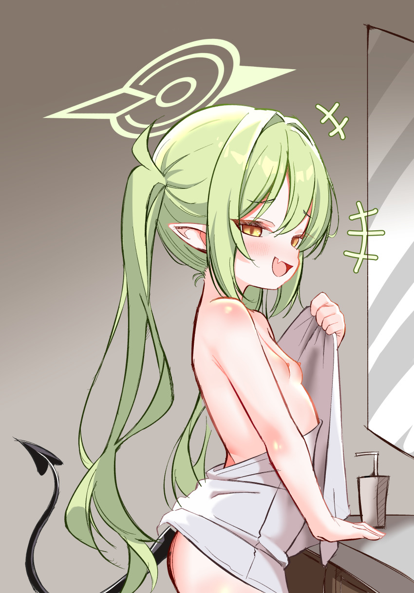 +++ 1girl absurdres bare_arms bare_shoulders blue_archive blush breasts brown_background commentary cowboy_shot cunvaroy demon_tail english_commentary fang flashing from_side furrowed_brow gradient_background green_hair green_halo halo highres loli long_hair looking_at_viewer looking_to_the_side mesugaki mirror mixed-language_commentary naked_towel nipples nozomi_(blue_archive) open_mouth pointy_ears simple_background sink skin_fang small_breasts smile solo tail towel twintails variant_set very_long_hair yellow_eyes