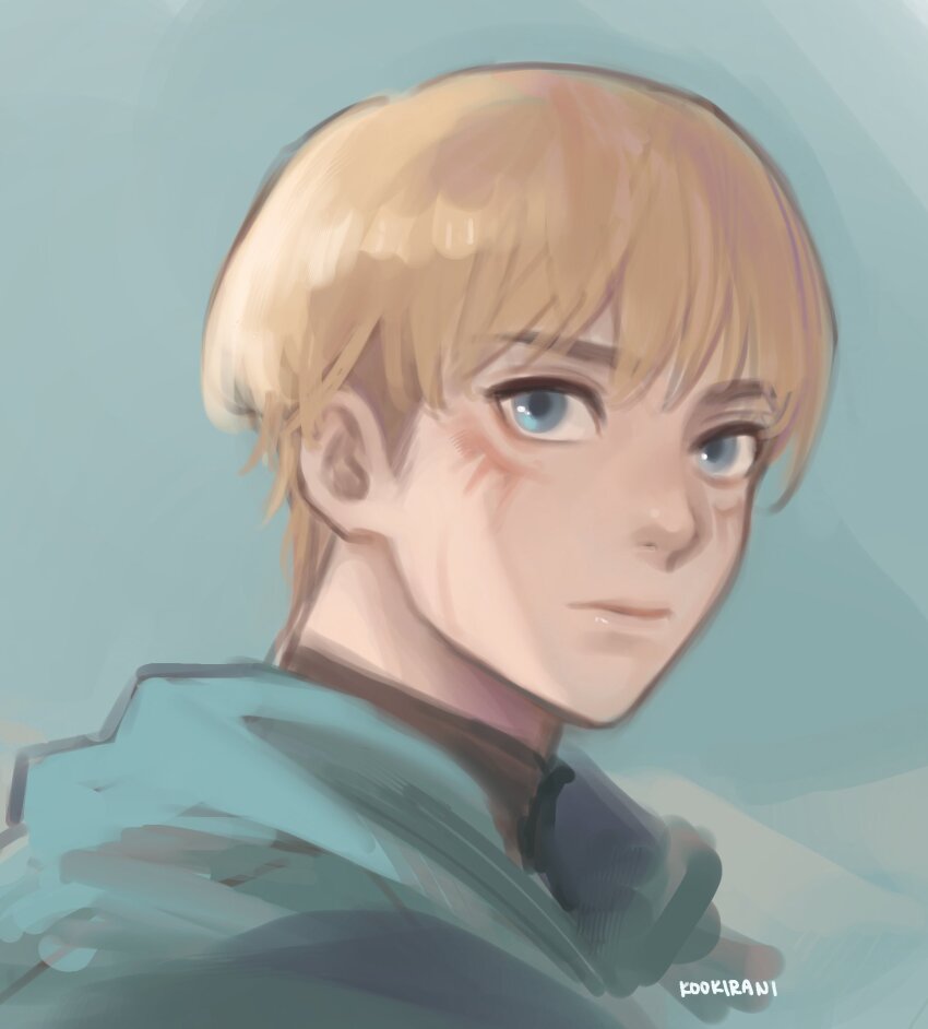 1boy armin_arlert artist_name black_shirt blonde_hair blue_eyes cape closed_mouth commentary english_commentary facial_mark green_background green_cape highres kookirani looking_to_the_side male_focus medium_sideburns portrait shingeki_no_kyojin shirt sideburns solo