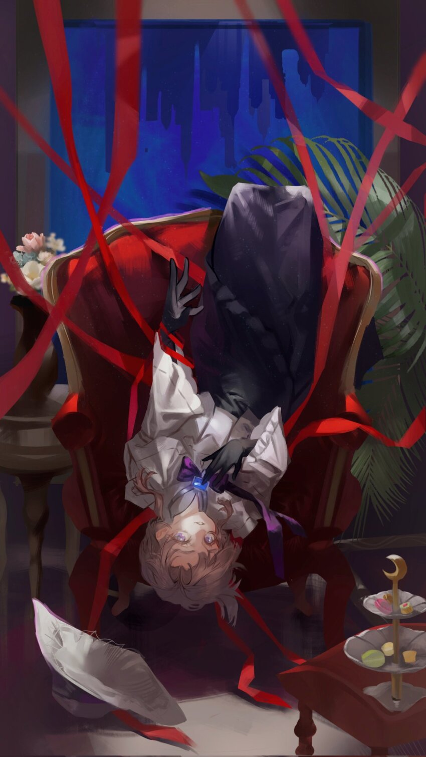 1girl armchair black_gloves bow bowtie brown_hair chair dora_(pandorua) felicienne_(reverse:1999) flower full_body gloves hand_up hashtag-only_commentary hat highres long_skirt looking_at_viewer plant purple_bow purple_bowtie purple_eyes purple_skirt red_ribbon reverse:1999 ribbon shirt short_hair skirt solo tiered_tray unworn_hat unworn_headwear upside-down vase white_hat white_shirt