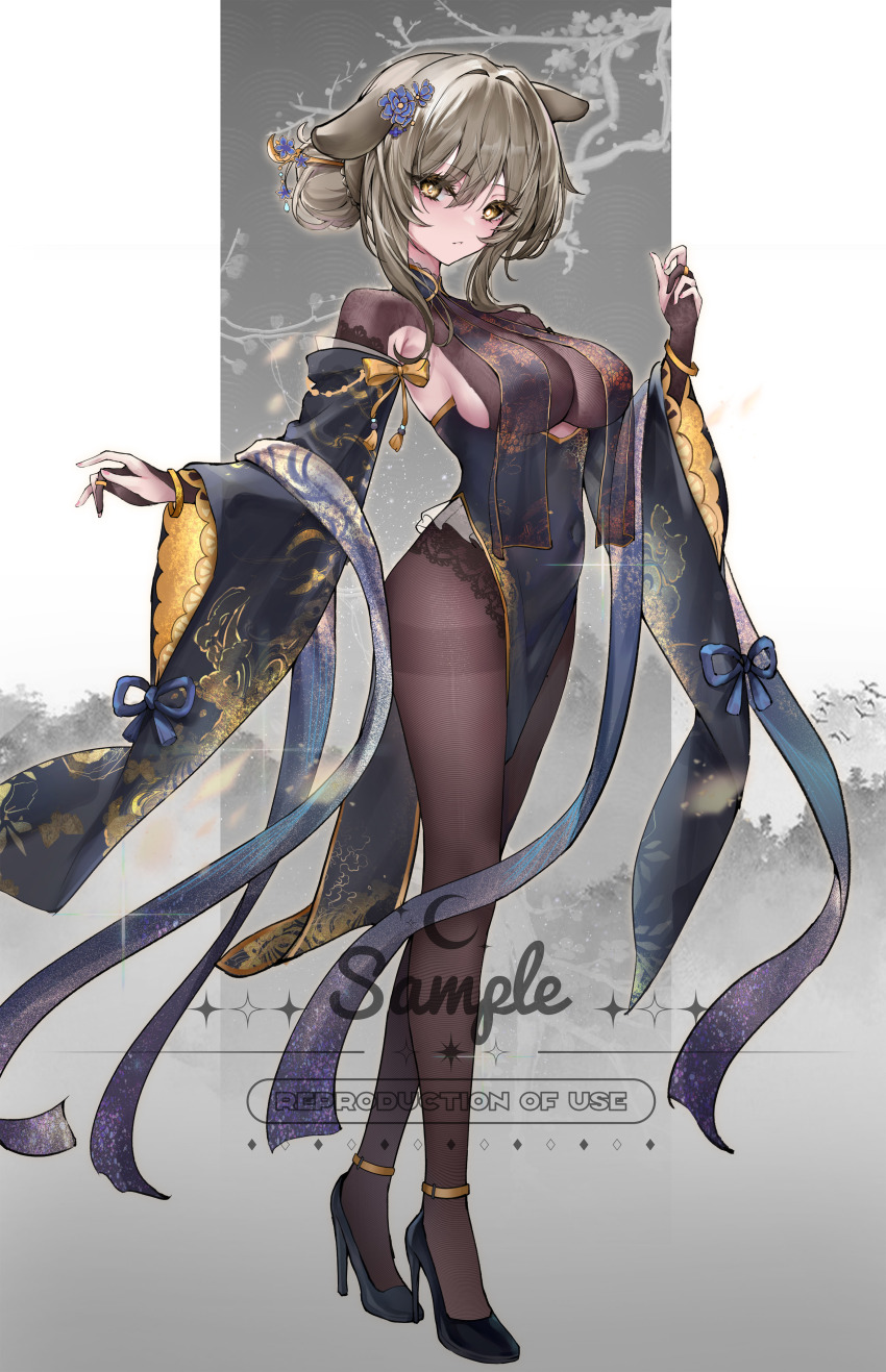 1girl absurdres animal_ears black_dress black_pantyhose bodystocking breasts brown_hair closed_mouth commentary_request detached_sleeves dog_ears dress english_text flower full_body furisode hair_bun hair_flower hair_ornament hair_stick high_heels highres japanese_clothes kimono large_breasts long_sleeves looking_at_viewer original pantyhose pelvic_curtain sideboob solo standing wide_sleeves yellow_eyes yinber