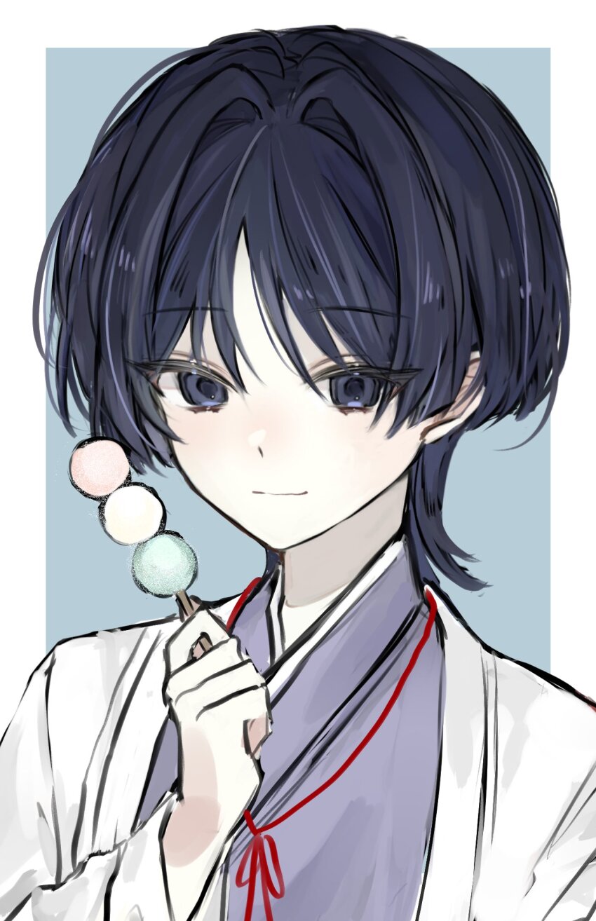 1boy black_eyes black_hair blunt_ends border clenched_hand closed_mouth commentary_request dango food genshin_impact gimmunyag grey_background hair_intakes hand_up haori highres holding holding_food japanese_clothes kimono korean_commentary long_sleeves male_focus portrait purple_kimono sanshoku_dango scaramouche_(genshin_impact) scaramouche_(kabukimono)_(genshin_impact) smile solo string tsurime wagashi white_border white_haori white_sleeves wispy_bangs