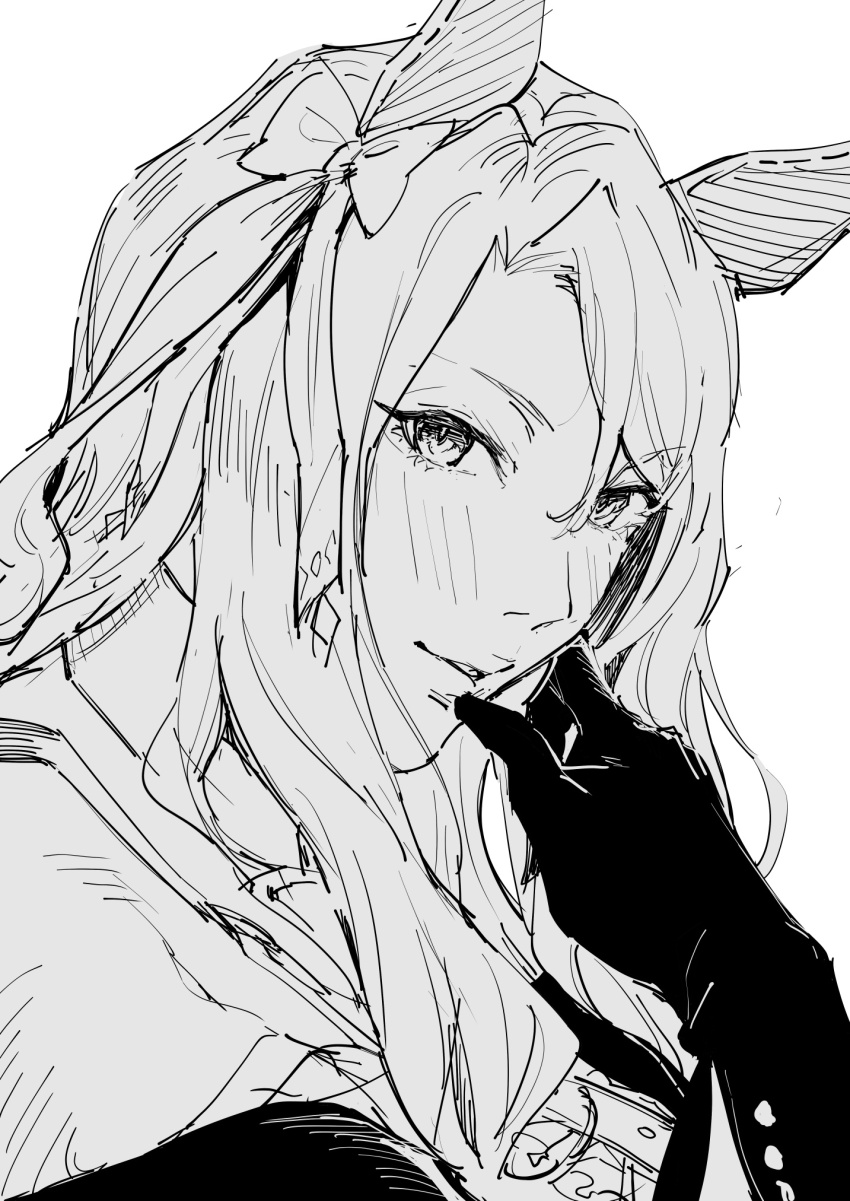 1girl animal_ears commentary ear_covers gloves greyscale highres horse_ears horse_girl king_halo_(king_of_emeralds)_(umamusume) king_halo_(umamusume) looking_at_viewer medium_hair monochrome off_shoulder smile solo sugarbeat symbol-only_commentary umamusume