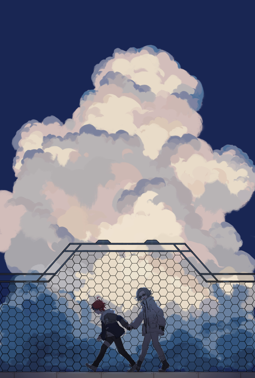 2boys :d ^_^ absurdres ahoge aotsuki_eito black_gloves black_pants black_shoes black_streaks box_galaxy chain-link_fence chinese_commentary closed_eyes cloud cloudy_sky commentary_request facing_ahead facing_another fence glasses gloves grey_hair grey_jacket highres holding_hands hood hoodie jacket jacket_over_hoodie multicolored_hair multiple_boys open_clothes open_jacket open_mouth pants red_hair scenery shoes short_hair sky smile streaked_hair sumino_takumi sunglasses the_hundred_line_-last_defense_academy- two-tone_hair walking white_hoodie white_jacket white_pants white_shoes