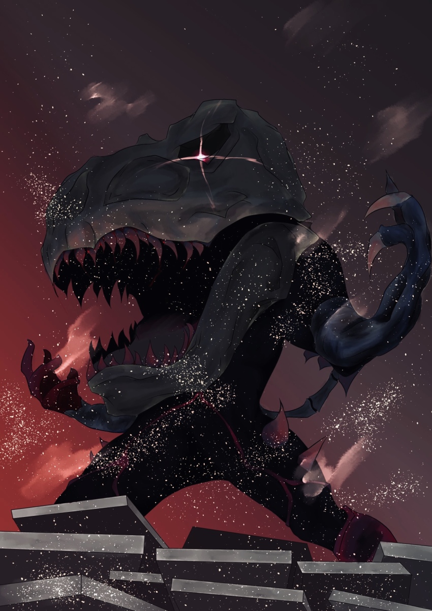 1girl absurdres bird_bobsan black_bodysuit bodysuit bone_tail boots claws commentary concrete dark embers glowing glowing_eye highres kamen_rider kamen_rider_w looking_at_viewer no_humans no_pupils open_mouth outstretched_arms red_boots red_eyes sharp_teeth solo spikes t-rex_dopant tail teeth tokusatsu tyrannosaurus_rex veins