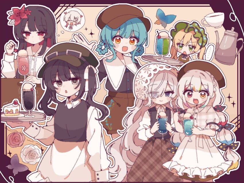 6+girls :d apron black_hair blonde_hair blue_hair bow braid braided_hair_rings brown_hat brown_skirt chibi chibi_inset closed_mouth collared_shirt commentary_request cup flower food green_eyes grey_eyes hair_flower hair_ornament hair_over_one_eye hair_rings hairband hat heterochromia holding holding_cup ice_cream ice_cream_float jogasaki_noah kurobe_nanoka lolita_fashion lolita_hairband long_hair long_sleeves looking_at_viewer mahou_shoujo_no_majo_saiban multi-tied_hair multicolored_hair multiple_girls natsume_an-an nikaido_hiro official_alternate_costume open_mouth outline polka_dot polka_dot_bow purple_eyes red_eyes red_flower sakuraba_ema shirt short_hair skirt smile sparkle speech_bubble streaked_hair tachibana_sherry thought_bubble tono_hanna toruriri0718 treasure_cafe twintails waist_apron waitress white_apron white_hair white_outline white_shirt yellow_eyes