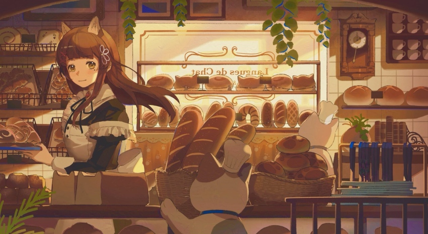 1girl animal-themed_food animal_ears apron bakery basket black_dress blue_collar blue_ribbon bread brown_eyes brown_hair brown_ribbon cat clock closed_mouth cocoa_(shinyshynii) collar commentary dress english_commentary floating_hair food french_text frilled_apron frills from_outside hair_ribbon highres holding holding_tray knife light_smile loaf_of_bread long_hair long_sleeves looking_at_viewer mirrored_text mole mole_under_eye neck_ribbon original plant ribbon shelf shinyshynii shop sidelighting swept_bangs translation_request tray upper_body white_apron white_wrist_cuffs wolf_ears wolf_girl wrist_cuffs