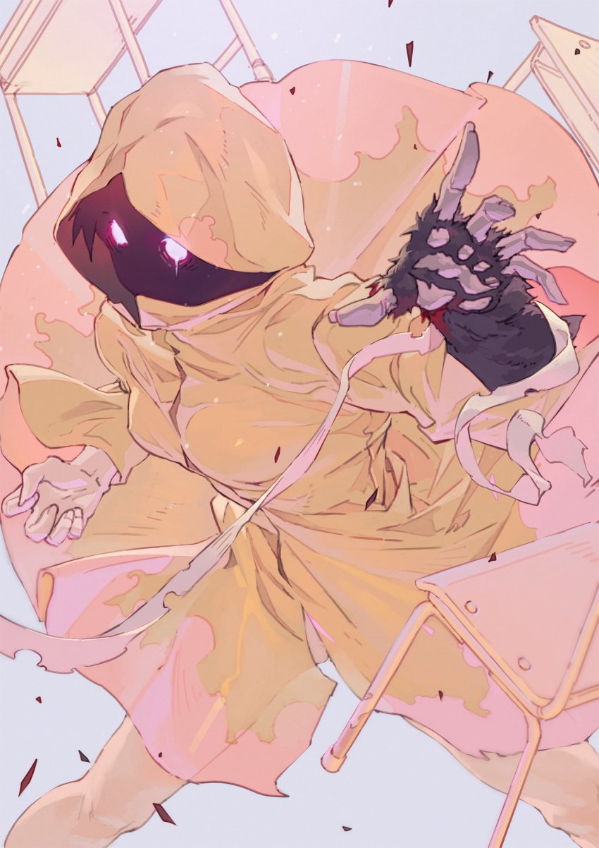 1girl 1other animal_hands bandages breasts chair coat commentary debris female_focus fighting fighting_stance glowing glowing_eyes grey_background highres hood hood_up hxxg kanbaru_suruga looking_at_viewer medium_breasts monogatari_(series) raincoat rainy_devil reaching reaching_towards_viewer red_eyes shaded_face short_hair solo spoilers throwing yellow_coat yellow_raincoat