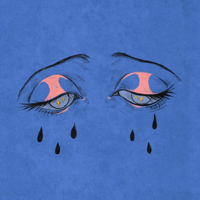 1other black_tears blue_background blue_eyes close-up crying eye_focus eyelashes galactixyi half-closed_eyes highres original raised_inner_eyebrows simple_background solo sparkle sparkling_eyes teardrop