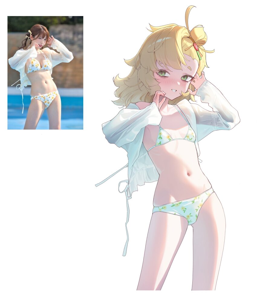 1girl absurdres alternate_costume arms_up bikini blonde_hair blush breasts green_eyes hair_bun hair_ornament highres loli looking_at_viewer multiple_girls navel ohoo_7am photo-referenced piper_wheel reference_inset shirt simple_background small_breasts smile stomach swimsuit thick_eyebrows white_shirt zenless_zone_zero