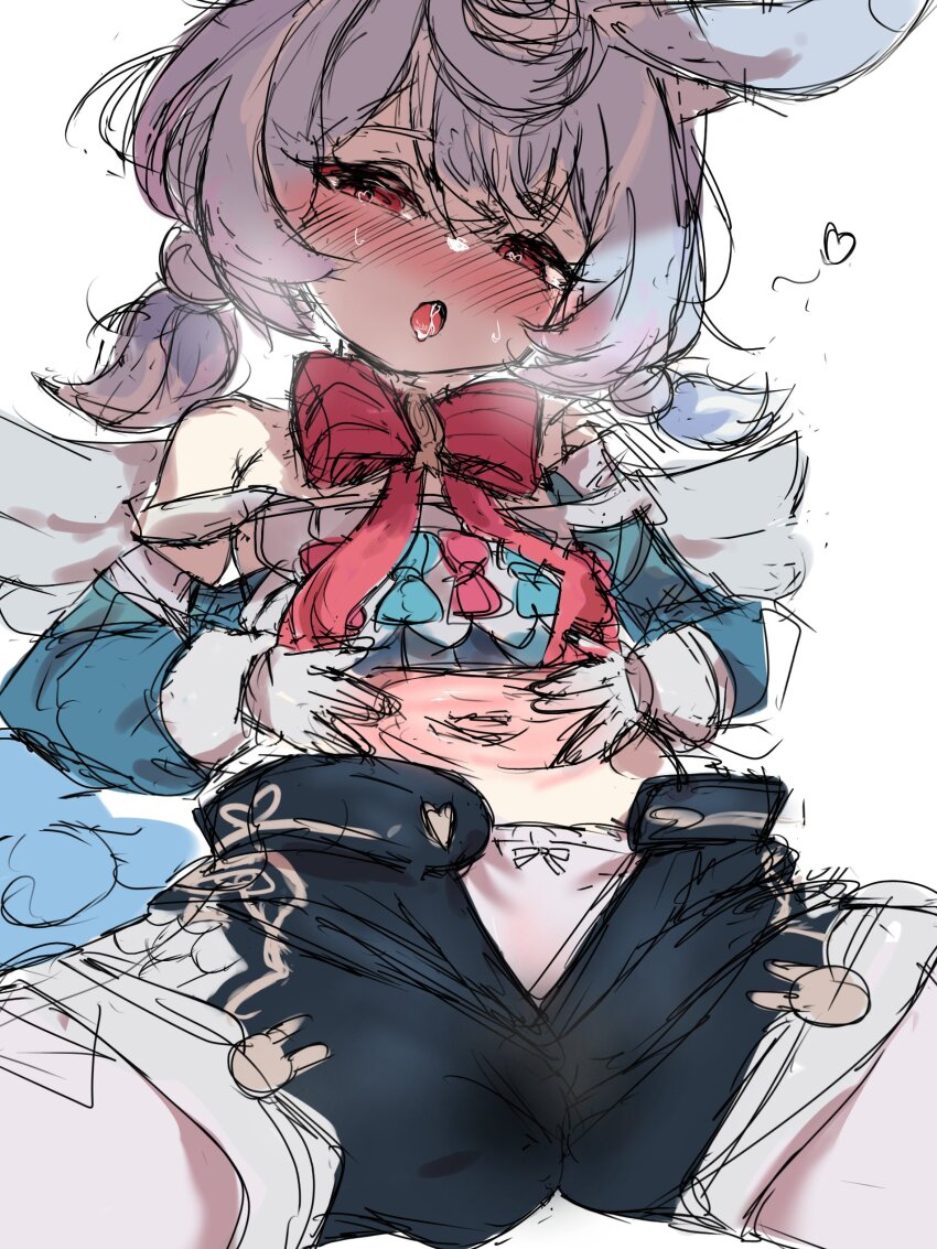 absurdres blush genshin_impact hands_on_own_stomach heart heart-shaped_pupils highres loli navel open_clothes open_mouth open_shorts saliva short_twintails shorts sigewinne_(genshin_impact) symbol-shaped_pupils torten twintails