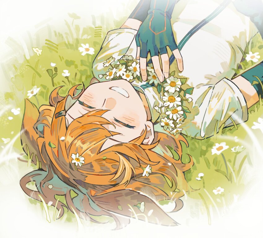 1girl animal_ears arknights black_gloves border closed_eyes crownslayer_(arknights) dopperu_ben elbow_gloves fading_border fingerless_gloves flower flower_necklace gloves grass grin highres hyena_ears jewelry lying necklace on_back orange_hair shirt short_hair short_sleeves smile solo upper_body white_flower white_shirt