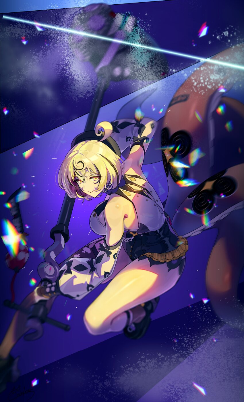 1girl absurdres asymmetrical_shorts bare_shoulders beret black_hat black_shoes black_shorts breasts cleavage closed_mouth commentary_request cowlick detached_sleeves garter_straps ginlear hair_between_eyes hammer hat high-waist_shorts highres holding holding_hammer holding_weapon large_breasts looking_at_viewer shirt shoes shorts single_garter_strap single_thighhigh smile solo squatting suction_cups tentacle_girl tentacle_tail tentacles thighhighs torn_clothes torn_thighhighs weapon white_shirt yellow_eyes yidhari_murphy zenless_zone_zero