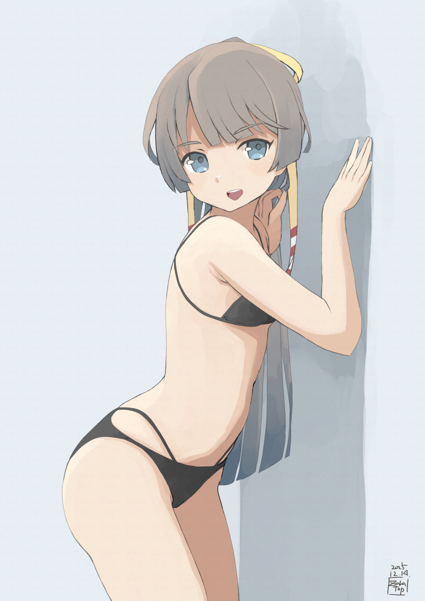 1girl absurdres against_wall alternate_costume bikini black_bikini blue_eyes commentary_request cowboy_shot flat_chest grey_hair hair_ribbon highres kantai_collection kazagumo_(kancolle) leaning_forward multi-strapped_bikini_bottom ponytail ribbon shadow solo swimsuit toplow