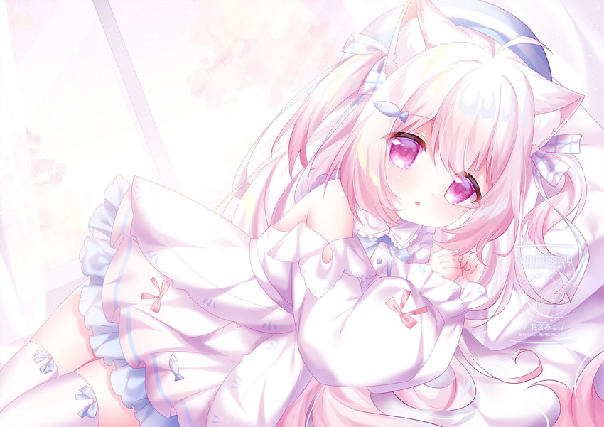 1girl :o ahoge animal_ear_fluff animal_ears beret blue_bow blue_bowtie blue_hat bow bowtie cat_ears clenched_hands commentary_request commission detached_sleeves dress fish_hair_ornament frilled_dress frills hair_ornament hair_ribbon hamiyamiko hat long_hair looking_at_viewer lying on_bed on_side original own_hands_together parted_lips pillow pink_eyes ribbon sidelocks solo thighhighs watermark white_dress white_hair white_ribbon white_sleeves white_thighhighs zettai_ryouiki