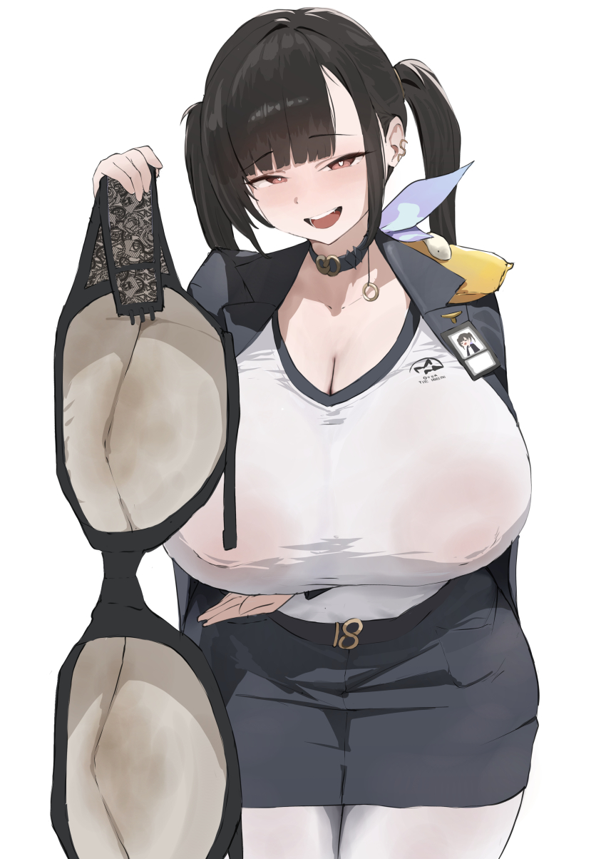 1girl absurdres black_hair blue_jacket blue_skirt bra breasts brown_eyes choker cleavage commentary_request earrings flight_attendant goddess_of_victory:_nikke heart heart-shaped_pupils highres holding holding_bra holding_underwear holding_unworn_clothes hth5k huge_breasts jacket jewelry long_hair looking_at_viewer miniskirt open_mouth pantyhose parted_bangs shirt simple_background skirt solo sora_(nikke) symbol-shaped_pupils travel_attendant twintails underwear unworn_bra white_background white_pantyhose white_shirt