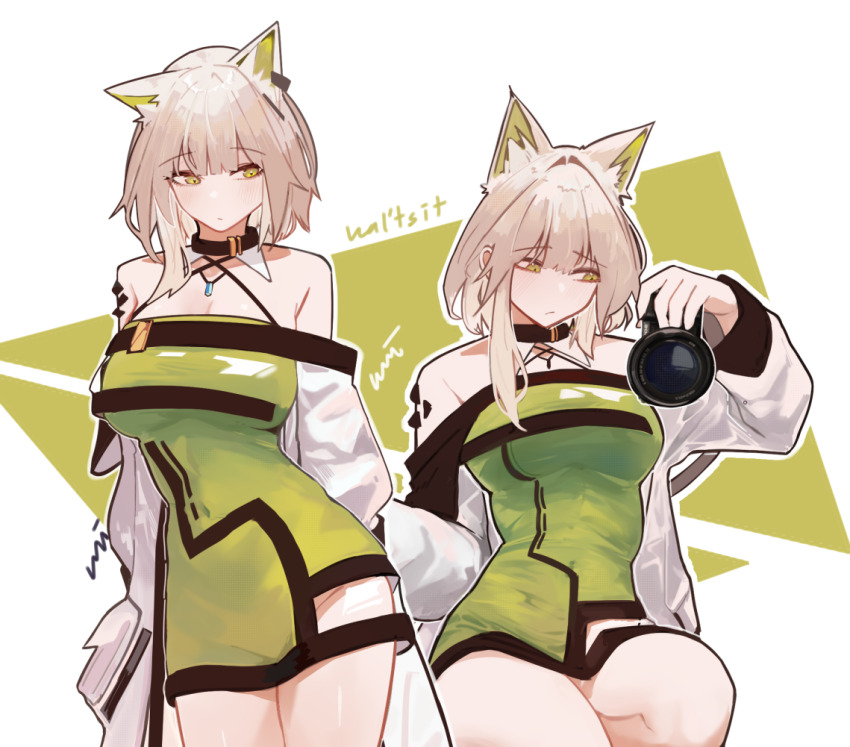 1girl alternate_breast_size_(larger) animal_ear_fluff animal_ears arknights arm_behind_back arms_behind_back bare_shoulders breasts camera cat_ears cat_girl character_name cleavage closed_mouth commentary cowboy_shot criss-cross_halter detached_collar double-parted_bangs dress facing_viewer green_background green_dress green_eyes groin hair_intakes halter_dress halterneck holding holding_camera jacket kal'tsit_(arknights) large_breasts long_sleeves looking_at_object material_growth medium_hair multiple_views nuggetkouhai off-shoulder_dress off_shoulder oripathy_lesion_(arknights) sitting thighs two-tone_background white_background white_hair