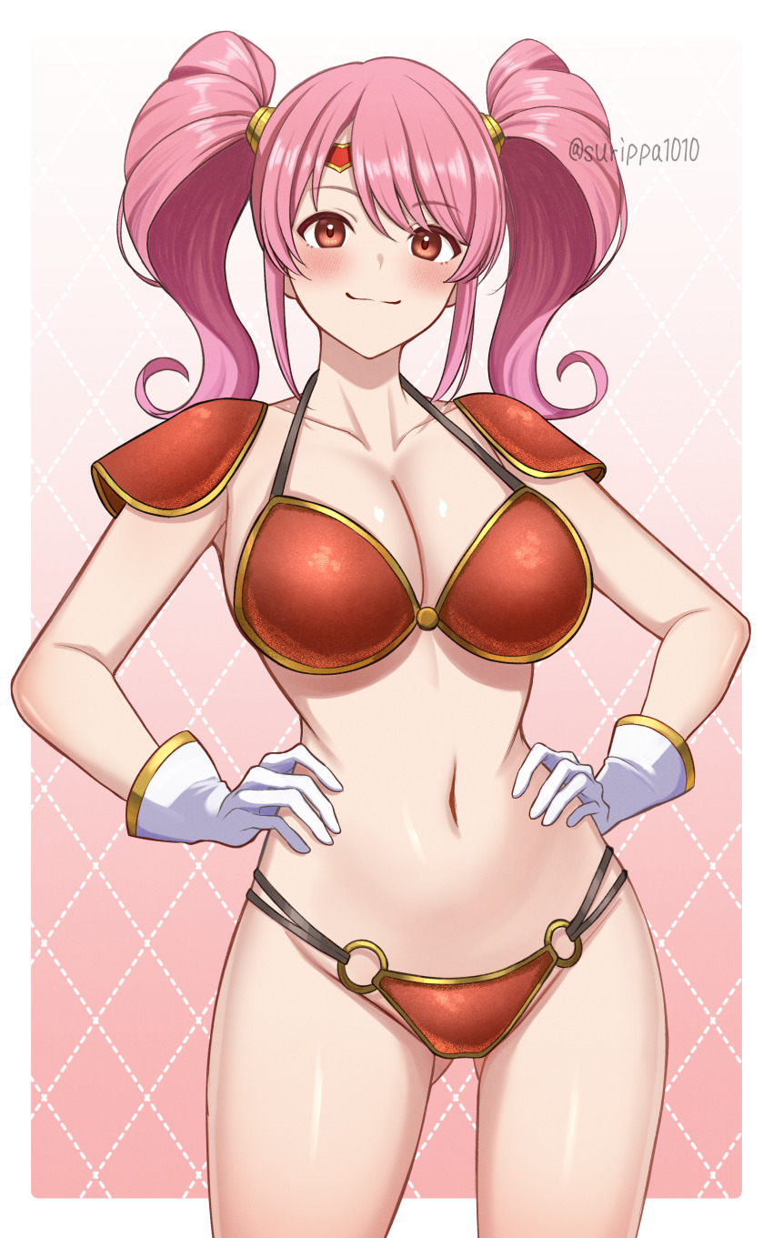 1girl absurdres armor armpits bare_arms bikini bikini_armor blush breasts cleavage closed_mouth collarbone commentary commission fire_emblem fire_emblem_echoes:_shadows_of_valentia gloves gluteal_fold gradient_background groin hands_on_own_hips highres large_breasts light_smile looking_at_viewer mae_(fire_emblem) navel nintendo o-ring o-ring_bikini o-ring_bottom pink_background pink_hair pixiv_commission red_bikini red_eyes sideboob solo stomach surippa1010 swimsuit thighs twintails twitter_username white_gloves