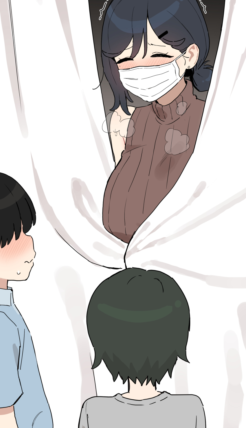 1girl 2boys absurdres bingdak black_hair blush breasts brown_sweater closed_eyes curtains earrings english_text faceless faceless_male futa_with_female futanari green_hair hair_ornament hairclip heavy_breathing highres huge_breasts implied_sex jewelry looking_at_another mask mature_female medium_hair mole mole_under_eye mouth_mask multiple_boys netorare nose_blush original paid_reward_available ribbed_sweater school_nurse sleeveless sleeveless_sweater stud_earrings surgical_mask sweater swept_bangs trembling turtleneck turtleneck_sweater very_low_bun white_mask