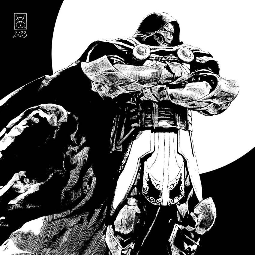 1boy 2023 armor artist_name cape commentary crossed_arms dark_background dated doctor_doom english_commentary fantastic_four full_armor full_body gloves greyscale helmet highres hood hooded_cape male_focus marvel mask metal_mask monochrome moon power_armor signature solo superhero_costume traditional_media valerio_giangiordano western_comics_(style)