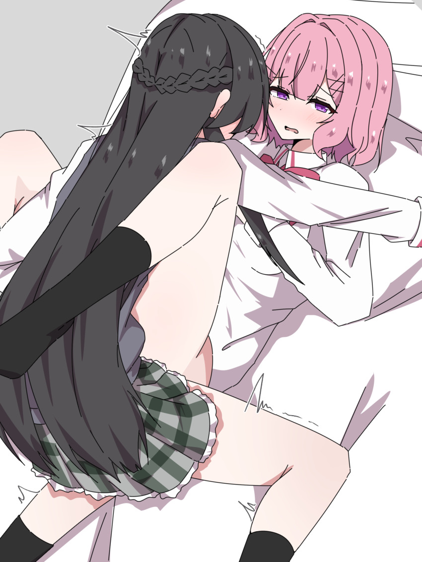 2girls absurdres amaori_renako ashigaya_high_school_uniform black_hair black_vest blush bottomless bow bowtie clothed_sex commentary futa_with_female futanari hair_ornament highres implied_futanari koto_satsuki long_hair long_sleeves mah0p medium_hair multiple_girls no_pants pink_hair pleated_skirt purple_eyes red_bow red_bowtie school_uniform shirt skirt sweater_vest vest watashi_ga_koibito_ni_nareru_wake_naijan_murimuri! white_shirt x_hair_ornament