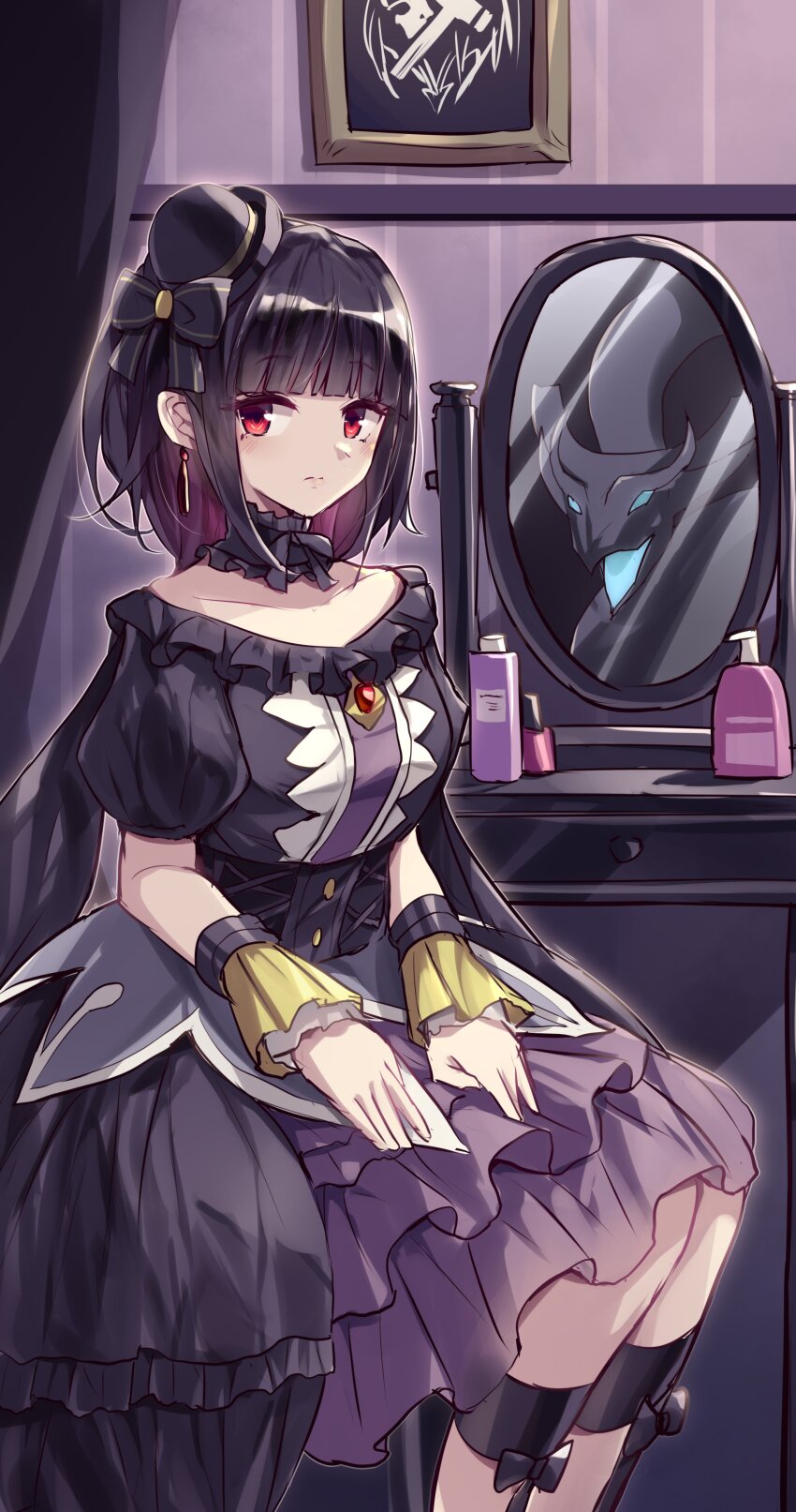 1girl 1other absurdres black_choker black_dress black_hair black_hat blunt_bangs blush breasts choker closed_mouth collarbone commentary_request dragon dress duel_monster earrings frilled_choker frills hands_on_own_thighs hat highres jewelry kanzakietc long_hair medium_breasts mini_hat mirror moon_of_the_closed_heaven open_mouth puffy_short_sleeves puffy_sleeves red_eyes short_sleeves underworld_goddess_of_the_closed_world yu-gi-oh!