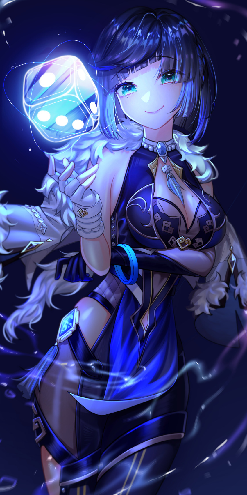 1girl absurdres arm_under_breasts asymmetrical_gloves bare_shoulders blue_dress blue_hair blue_theme bob_cut breasts cleavage cowboy_shot diagonal_bangs dice dress dutch_angle fingerless_gloves fur-trimmed_jacket fur_trim genshin_impact gloves green_eyes highres jacket jacket_on_shoulders large_breasts looking_at_viewer mizal07 pelvic_curtain sleeveless sleeveless_dress smile solo vision_(genshin_impact) white_gloves white_jacket yelan_(genshin_impact)