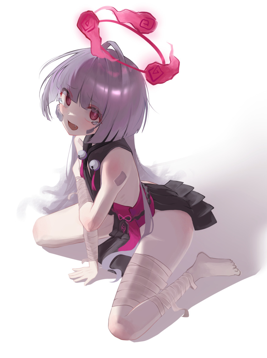 1girl bandaged_arm bandaged_hand bandaged_leg bandages bandaid bandaid_on_cheek bandaid_on_face bare_arms bare_shoulders barefoot bell blue_archive clothing_cutout crying crying_with_eyes_open diamond_cutout dress fang feet flat_chest gauze gauze_on_cheek grey_hair halo highres holding_own_arm japanese_clothes jingle_bell karyou_(user_gnkn4555) loli long_hair looking_at_viewer obi open_mouth red_eyes red_halo sash shuro_(blue_archive) sideless_kimono simple_background sleeveless sleeveless_dress solo tearing_up tears toes white_background