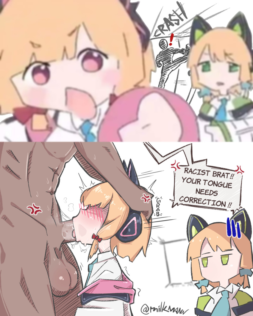 ! 1boy 2girls anger_vein animal_ear_headphones artist_name blonde_hair blue_archive blurry blurry_background blush breath cat_ear_headphones cat_ears dark-skinned_male dark_skin depth_of_field english_text fellatio green_eyes headphones interracial irrumatio large_testicles loli meme midori_(blue_archive) milkmann momoi_(blue_archive) multiple_girls necktie no_eyes no_mouth oral penis pink_eyes racist_momoi_(meme) saliva saliva_trail shirt simple_background slamming_door sound_effects speech_bubble sweat testicles uncensored white_background white_shirt