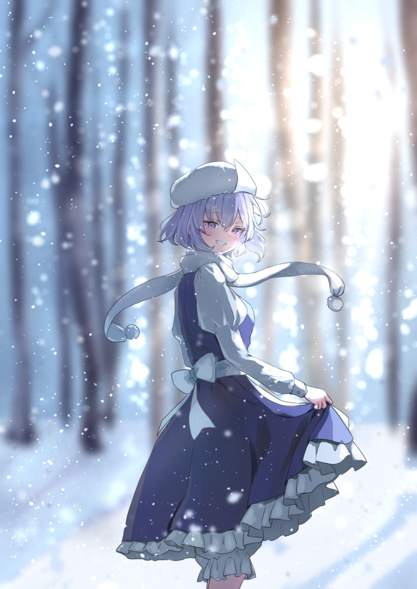 1girl bloomers blue_dress commentary_request cowboy_shot dress from_side fur_hat grin hat highres letty_whiterock looking_at_viewer looking_to_the_side outdoors pinafore_dress purple_eyes purple_hair scarf shironeko_yuuki skirt_hold sleeveless sleeveless_dress smile snow snowing solo touhou underwear white_hat white_scarf