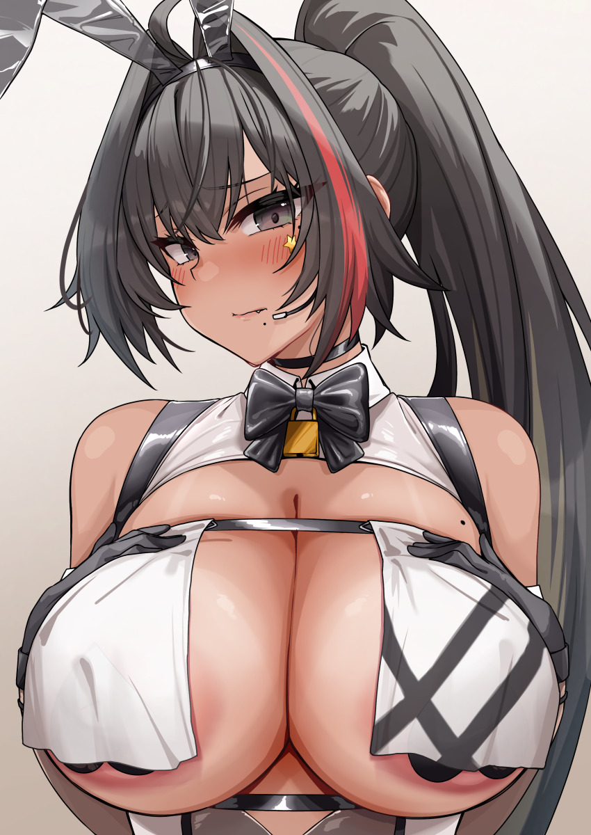163_(shiromeshi) 1girl absurdres animal_ears areola_slip bay_(nikke) black_bow black_bowtie black_eyes black_hair blush bow bowtie breast_curtains breasts closed_mouth commentary fake_animal_ears goddess_of_victory:_nikke gradient_background grey_background heart_pasties highres huge_breasts large_areolae long_hair looking_at_viewer mole mole_under_mouth multicolored_hair pasties ponytail rabbit_ears star_(symbol) star_sticker sticker sticker_on_face streaked_hair tan upper_body