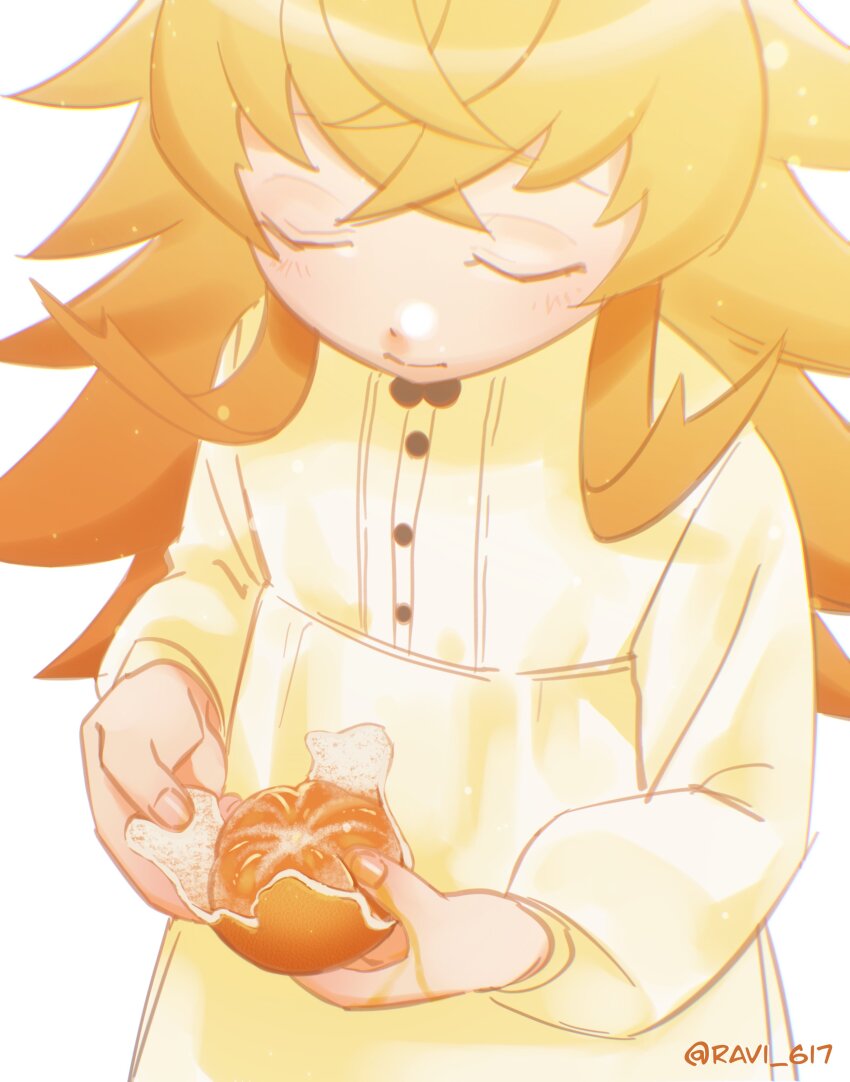 1girl absurdres blush brown_hair child closed_eyes closed_mouth dress dwarf flat_chest food fruit hair_between_eyes highres juliette_(mushoku_tensei) long_hair mandarin_orange mushoku_tensei peeling ravi-617 signature simple_background solo upper_body white_background white_dress