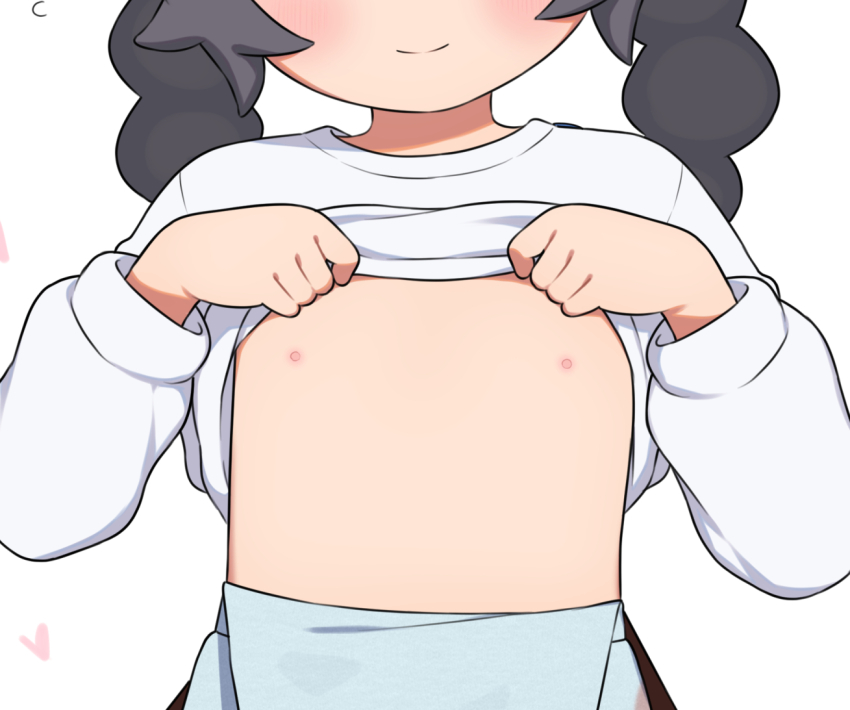 1girl ansha_(pokemon) black_hair braid clothes_lift commentary_request flat_chest lifting_own_clothes loli meis_(terameisu) nintendo nipples paid_reward_available pokemon pokemon_legends:_z-a shirt_lift smile solo twin_braids white_background