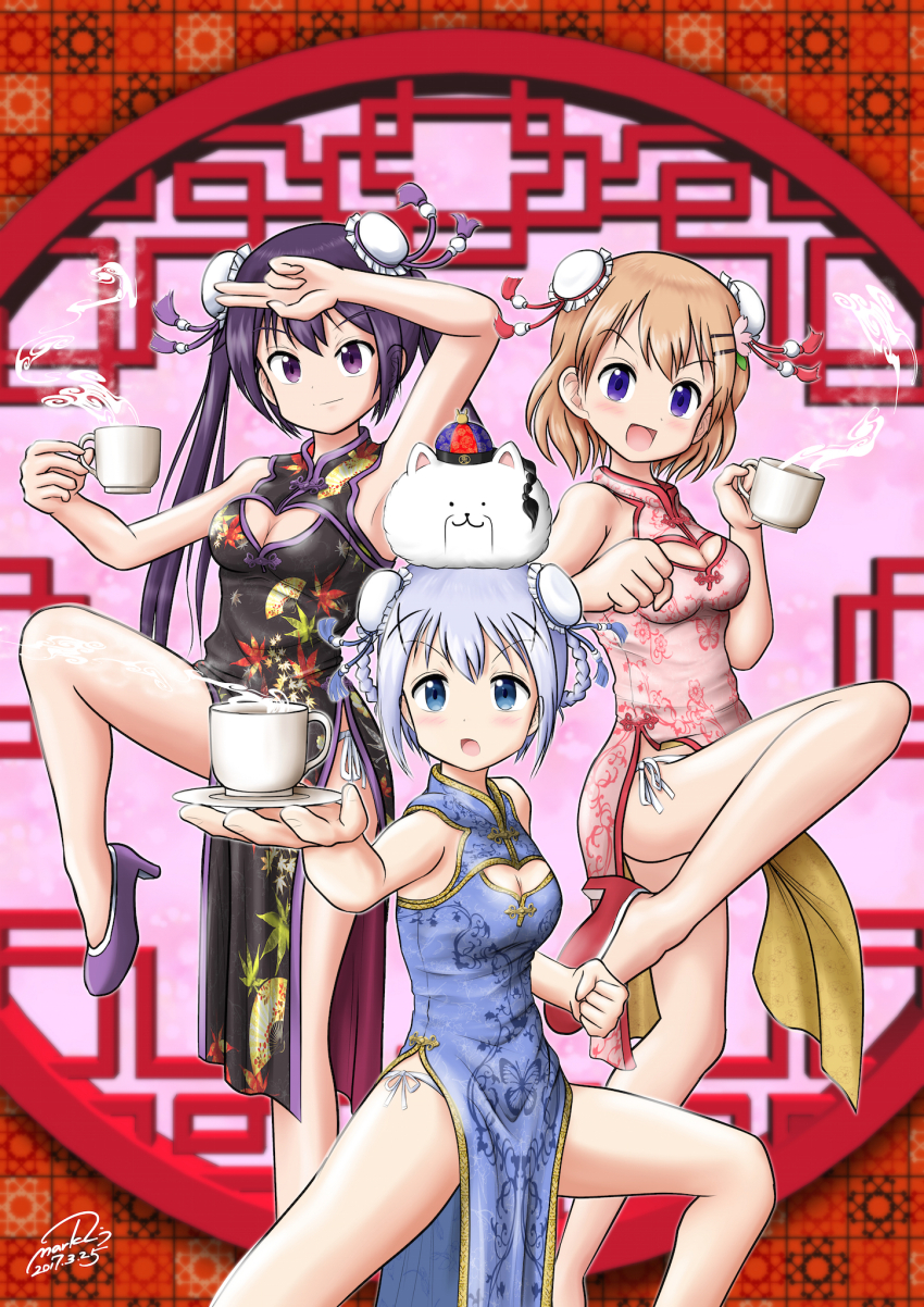 3girls age_difference blue_eyes blue_hair breasts brown_hair china_dress chinese_clothes commentary_request dress gochuumon_wa_usagi_desu_ka? high_heels highres hoto_cocoa kafuu_chino loli mark2u multiple_girls panties purple_eyes purple_hair side-tie_panties small_breasts tedeza_rize tippy_(gochiusa) underwear