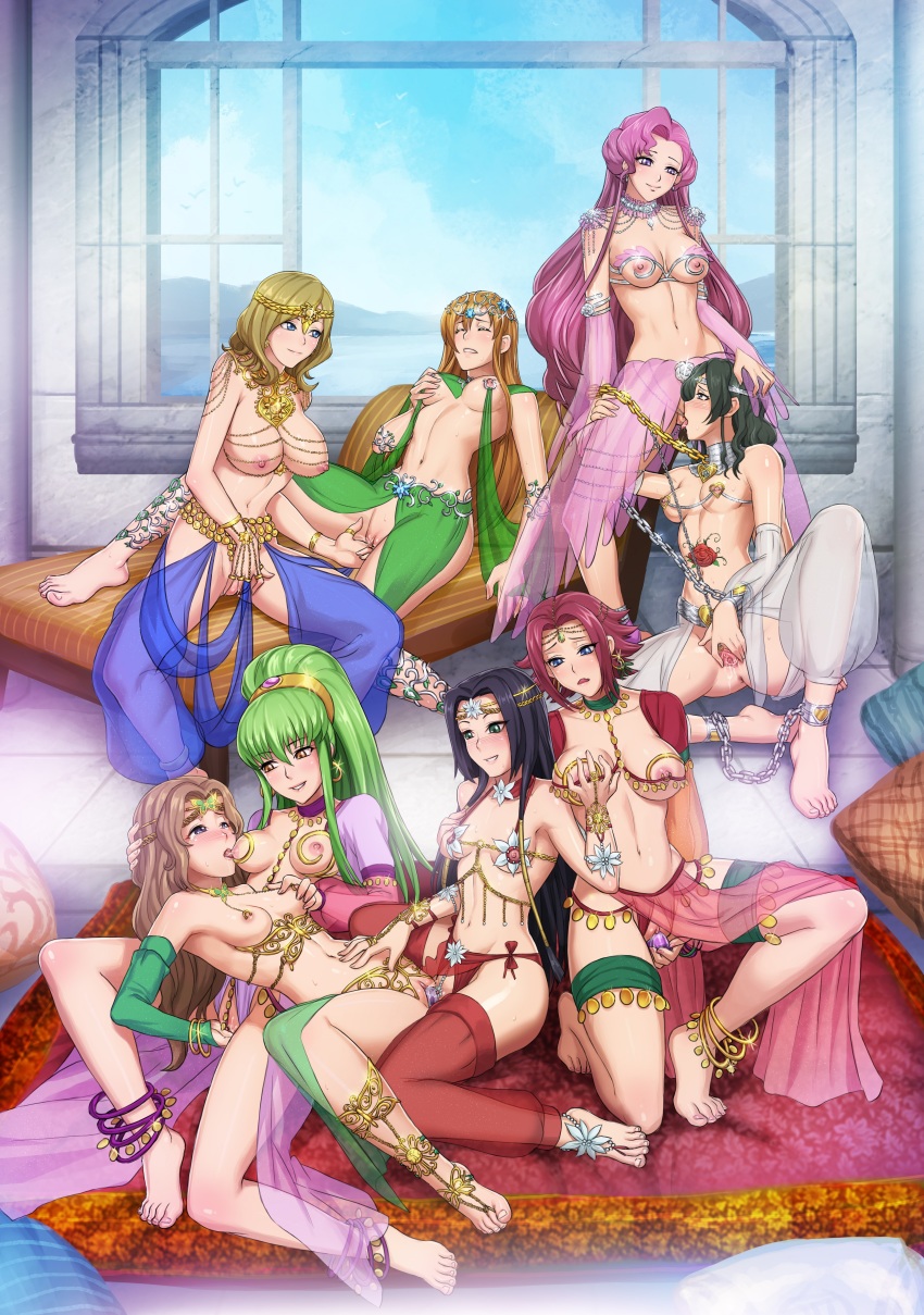 6+girls absurdres barefoot bdsm between_toes black_hair blonde_hair blue_eyes blue_sky blush bondage bound breast_sucking breasts brown_eyes brown_hair c.c. chain cleft_of_venus closed_eyes cloud code_geass collar cuffs cunnilingus dildo earrings euphemia_li_britannia feet female_focus femdom fingering grabbing_another's_breast green_eyes green_hair grey_eyes groping group_sex hand_on_another's_head harem harem_outfit highres indoors jewelry kneeling kouzuki_kallen large_breasts leash linked_piercing long_hair lying milly_ashford multiple_girls navel nina_einstein nipple_piercing nipples nunnally_vi_britannia object_insertion open_mouth oral orgy parted_lips piercing pink_hair purple_eyes pussy pussy_juice red_hair see-through_clothes sex sex_toy shirley_fenette short_hair sitting sky slave smile speh spread_pussy sumeragi_kaguya toes underwear vaginal vaginal_object_insertion yuri
