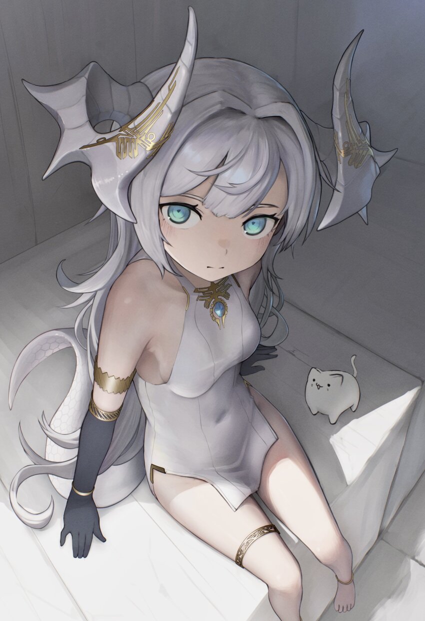 1girl absurdres akemiya_genma anklet armlet bare_shoulders black_gloves blue_eyes blue_gem breasts cat closed_mouth covered_navel dragon_girl dragon_horns dragon_tail dress elbow_gloves from_above gem gloves gold_armlet gold_thighlet grey_hair grey_horns hair_intakes highres horns jewelry long_hair looking_at_viewer original sitting sleeveless sleeveless_dress small_breasts solo tail thighlet white_dress