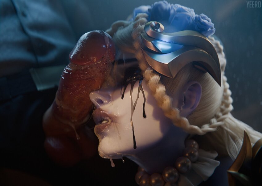 1boy 1girl 3d after_fellatio artist_name black_eyes black_eyeshadow blender_(medium) blonde_hair braid close-up commentary cum cum_in_mouth cum_on_body cum_on_penis drooling english_commentary erection eyeshadow facial flower ghost_bride_widowmaker hair_flower hair_ornament hetero highres jewelry lipstick looking_at_viewer makeup necklace overwatch parted_lips partially_clothed_male pearl_necklace penis penis_on_face red_lips runny_makeup saliva saliva_trail side_braid sideways_glance smeared_lipstick solo_focus teeth testicles uncensored widowmaker_(overwatch) yeero