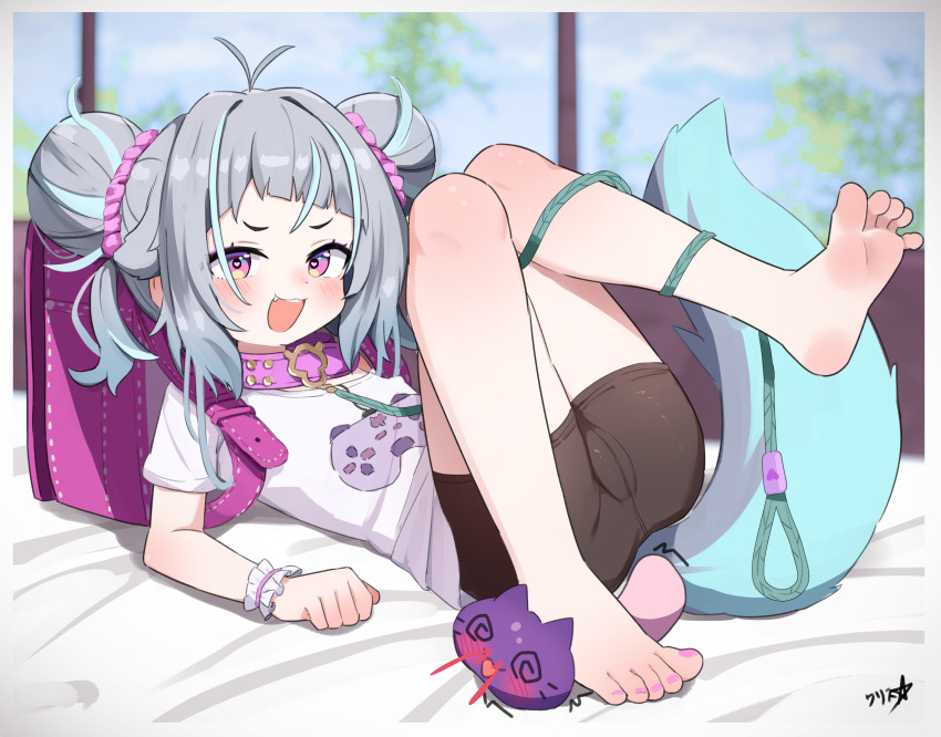 1girl absurdres backpack bag bdsm bed bike_shorts blush boppin cameltoe collar double_bun feet female_focus flat_chest full_body grey_hair hair_bun hair_ornament heart heart-shaped_pupils highres indie_virtual_youtuber leash legs loli looking_at_viewer menace_mamaki on_bed pink_eyes randoseru shirt shorts slave smile solo symbol-shaped_pupils thighs virtual_youtuber