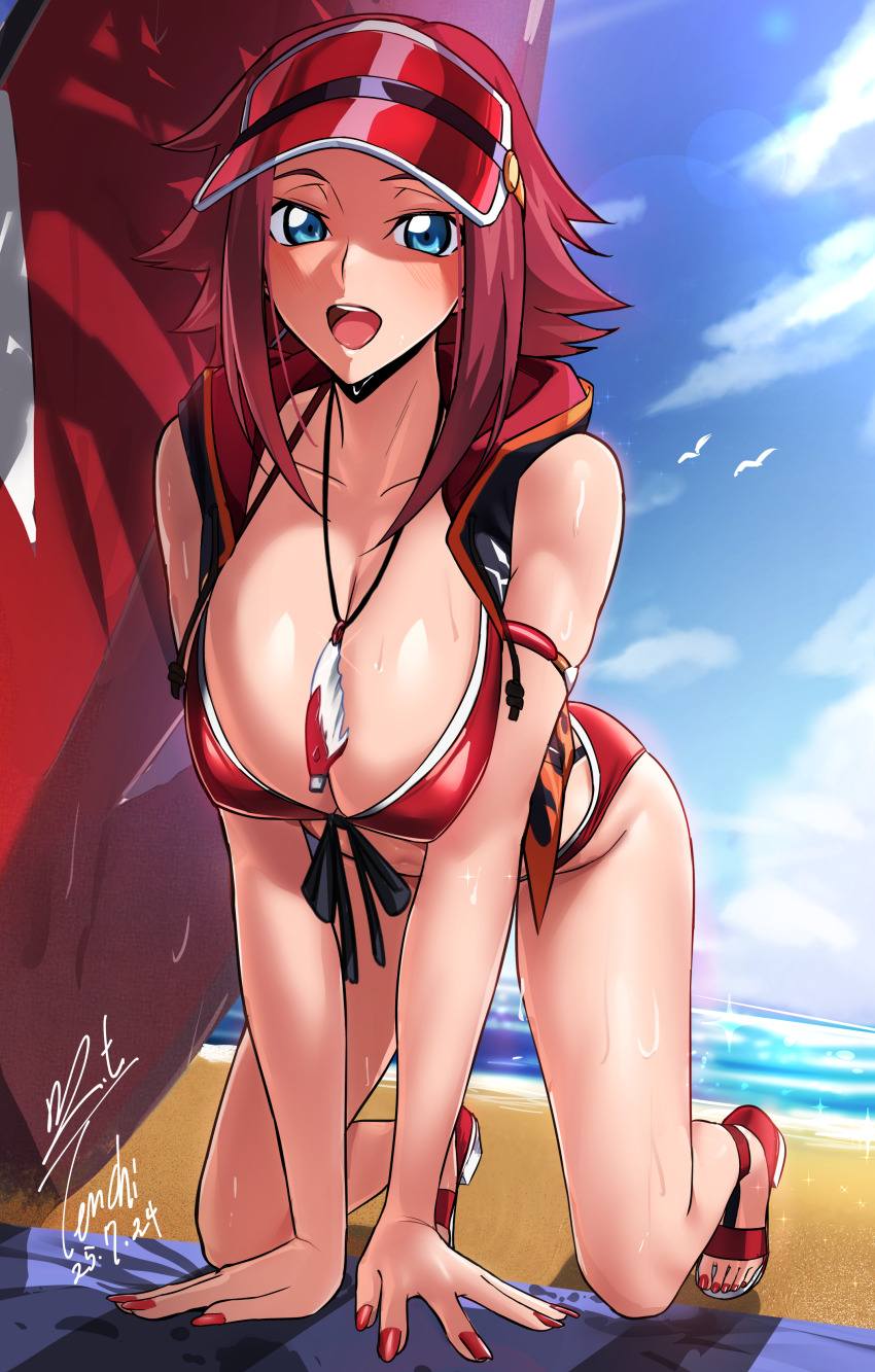 1girl absurdres all_fours beach bikini blue_eyes blue_sky blush breasts cleavage cloud cloudy_sky code_geass code_geass:_genesic_re;code commentary_request day fingernails highres kouzuki_kallen large_breasts looking_at_viewer nail_polish official_alternate_costume open_mouth outdoors red_bikini red_hair red_nails red_visor revision short_hair signature sky smile solo swimsuit teeth thighs upper_teeth_only visor_cap yoo_tenchi