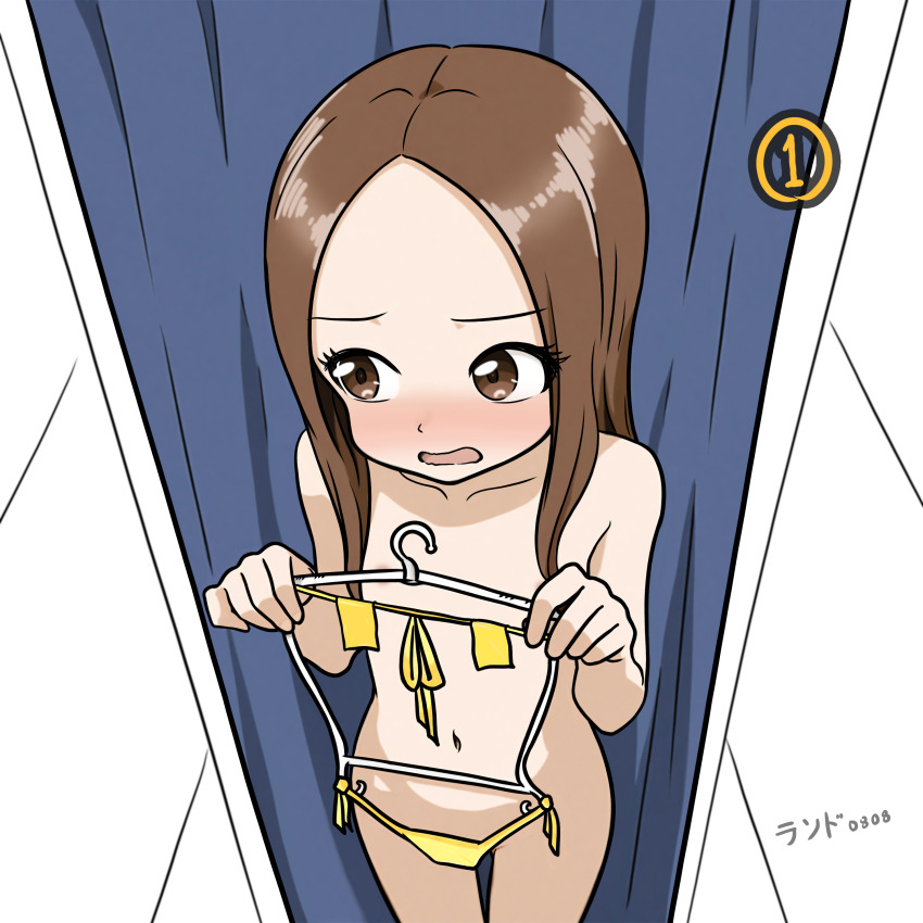 1girl absurdres areola_slip bikini blush breasts brown_eyes brown_hair collarbone completely_nude convenient_censoring curtains embarrassed feet_out_of_frame fitting_room highres holding holding_bikini indoors karakai_jouzu_no_(moto)_takagi-san karakai_jouzu_no_takagi-san lander0808 legs loli long_hair looking_to_the_side navel nude open_mouth small_breasts swimsuit tagme takagi-san thigh_gap thighs