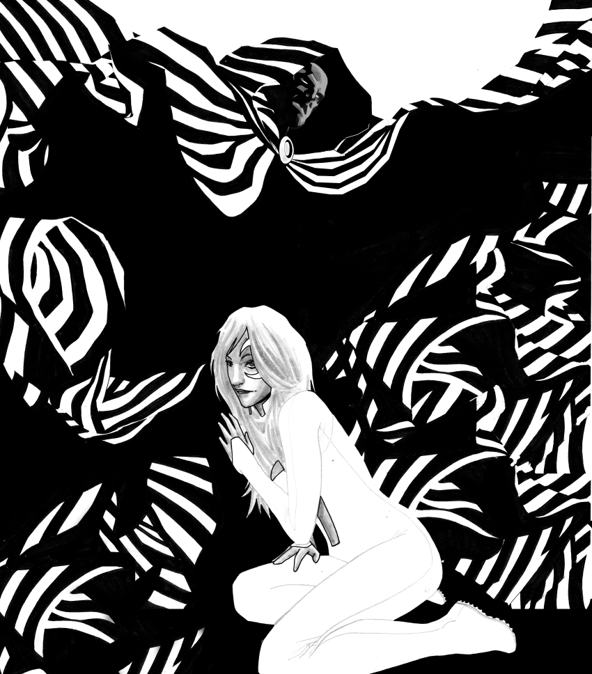 1boy 1girl 2010 absurdres aqua_hood black_background bodysuit checkered_cloak cloak cloak_(marvel) color_contrast colored_sclera commentary contrast crescent crescent_facial_mark crescent_ornament dagger_(marvel) dark-skinned_male dark_skin english_commentary facial_mark glowing glowing_eyes greyscale highres hood hooded_cloak kneeling long_hair marvel monochrome moon_tattoo scan scan_artifacts scan_dust seiza shadow sitting spider-man_(series) tattoo tonytorrid traditional_media very_dark_skin white_background white_bodysuit white_eyes