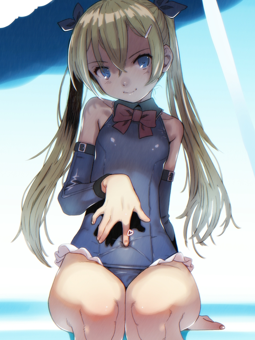 1girl blonde_hair blue_eyes blue_one-piece_swimsuit bow bowtie breasts dead_or_alive detached_sleeves hand_on_own_stomach highres long_hair marie_rose one-piece_swimsuit sitting small_breasts smile solo soon_(c-u-soon) sunlight swimsuit twintails