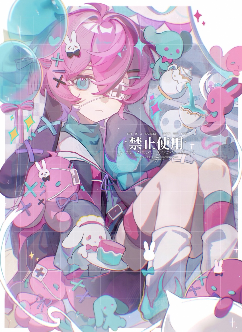 1girl absurdres balloon bandaid bandaid_on_knee bandaid_on_leg black_shirt black_shorts blue_eyes closed_mouth double-parted_bangs eyepatch feet_out_of_frame hair_between_eyes hair_intakes hair_ornament highres medical_eyepatch original pink_hair pink_ribbon ribbon senzhongxun shirt short_hair shorts socks solo watermark white_socks x_hair_ornament