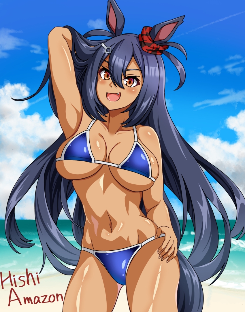 1girl animal_ears beach bikini blue_bikini blue_sky breasts brown_eyes character_name cloud commentary_request dark-skinned_female dark_skin day ear_scrunchie fang hand_on_own_hip highres hishi_amazon_(umamusume) horizon horse_ears horse_girl horse_tail large_breasts long_hair ocean ogino_nel outdoors red_scrunchie scrunchie skin_fang sky smile solo string_bikini swimsuit tail two_side_up umamusume