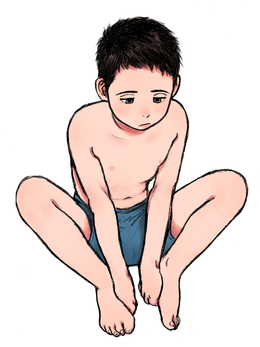 1boy barefoot closed_mouth feet full_body hatoshi_(pico273) highres male_focus nipples original short_hair solo topless_male white_background