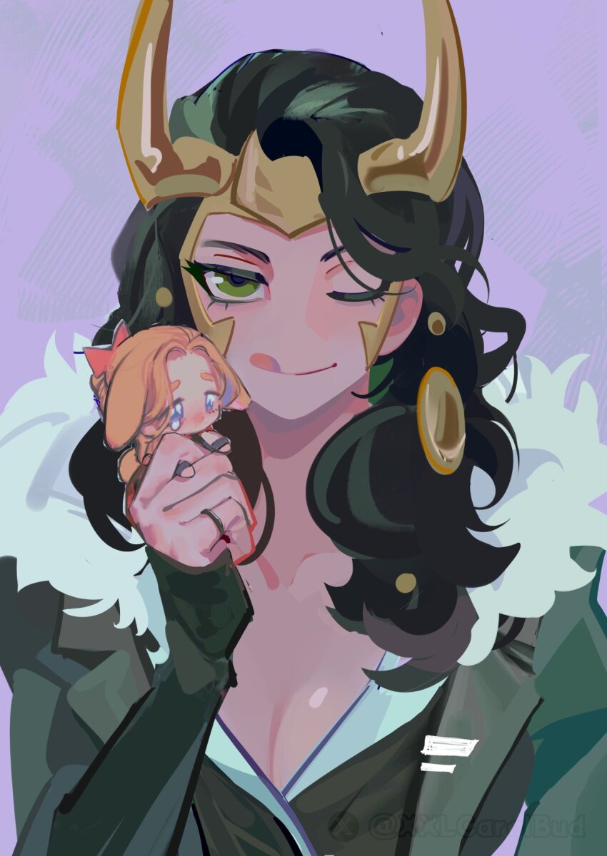 1boy 1girl ;p alternate_form animification black_hair blonde_hair blue_eyes breasts brother_and_sister chibi chinese_commentary cleavage commentary_request fake_horns fur-trimmed_jacket fur_trim green_eyes green_jacket green_vest hair_ornament highres holding_chibi horned_headwear horns jacket jewelry lady_loki loki_(marvel) long_hair looking_at_viewer marvel mixed-language_commentary one_eye_closed purple_background ring shirt siblings tears thor_(marvel) thor_(marvel)_(series) tongue tongue_out upper_body vest white_shirt xxlcarolbud